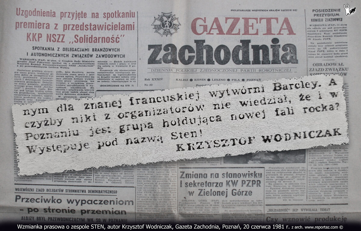 Wzmianka prasowa o zespole STEN, autor Krzysztof Wodniczak, Gazeta Zachodnia Poznań.