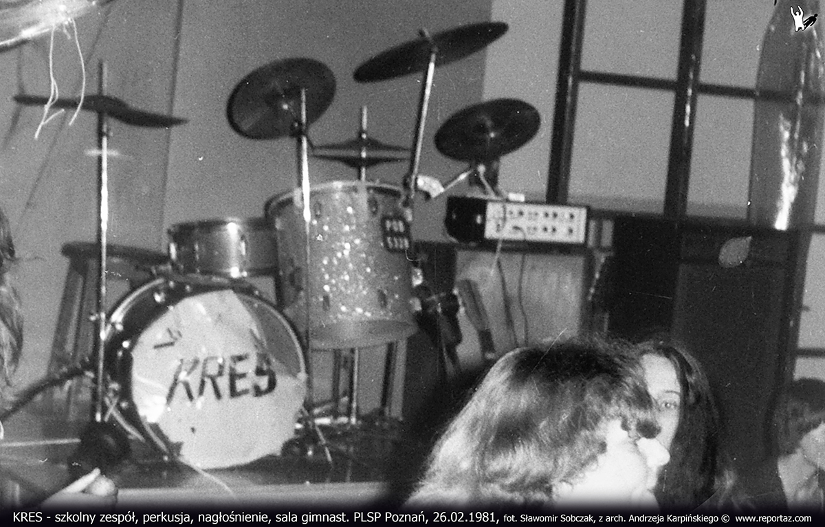 Szkolna perkusja Polmuz, koncert Kres odbył się w Liceum Plastycznym, ul. Junikowska 33 Poznań, 26 lutego 1981 r.