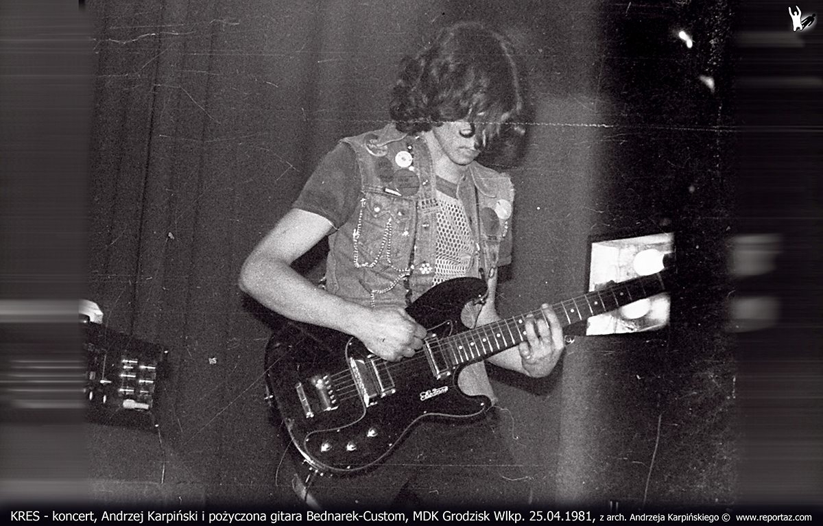 Andrzej Karpiński, gitara Bednrek Custom, koncert Kres odbył się w Miejskim Domu Kultury w Grodzisku Wielkopolskim 25 kwietnia 1981 roku.