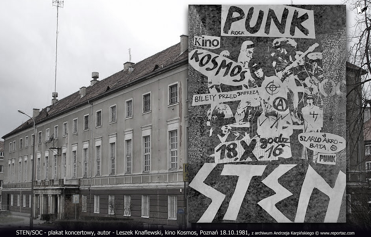 SOC, STEN - plakat koncertowy 18 października 1981 r. Autor Leszek Knaflewski. W tle klub Nurt i kino Kosmos Poznań ul. Dożynkowa 9.