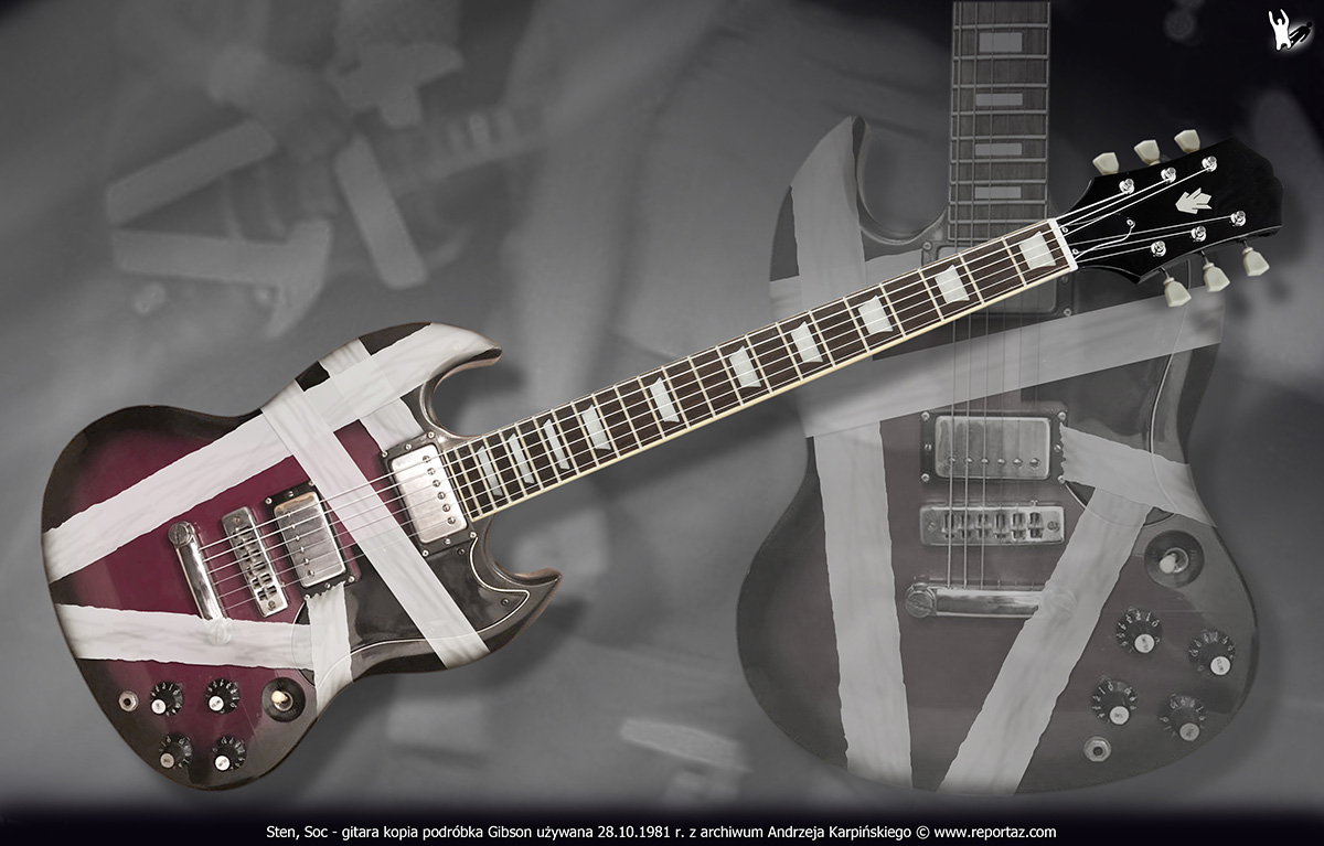 1981-10-28-MUZYKA-03-SPRZET-INSTRUMENTY-Sten-Soc-gitara-kopia-po Kopia gitary Gibson używana jeden raz podczas koncertu Sten i Soc przez Andrzeja Karpińskiego