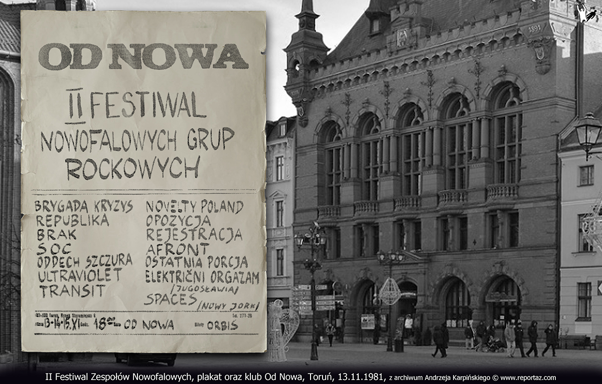 Plakat koncertowy - II Festiwal Zespołów Nowofalowych Toruń 13 listopada 1981. W tle klub Od Nowa, Dwór Artusa.