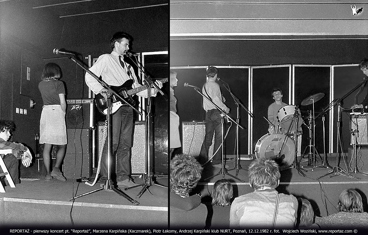 REPORTAŻ - pierwszy koncert pt. “Reportaż”, klub NURT, Poznań, 12.12.1982 r. od lewej: Marzena Karpińska (Kaczmarek), Piotr Łakomy, Andrzej Karpiński, Jacek Hałas