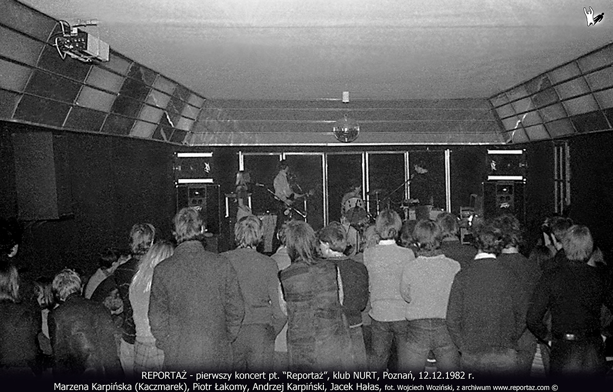 REPORTAŻ - pierwszy koncert pt. Reportaż, klub NURT, Poznań, 12.12.1982 r. od lewej: Marzena Karpińska, Kaczmarek, Piotr Łakomy, Andrzej Karpiński, Jacek Hałas
