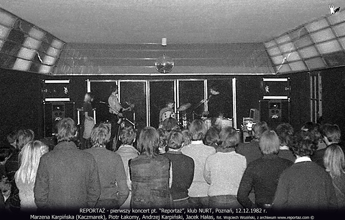 REPORTAŻ - pierwszy koncert pt. “Reportaż”, klub NURT, Poznań, 12.12.1982 r. od lewej: Marzena Karpińska (Kaczmarek), Piotr Łakomy, Andrzej Karpiński, Jacek Hałas
