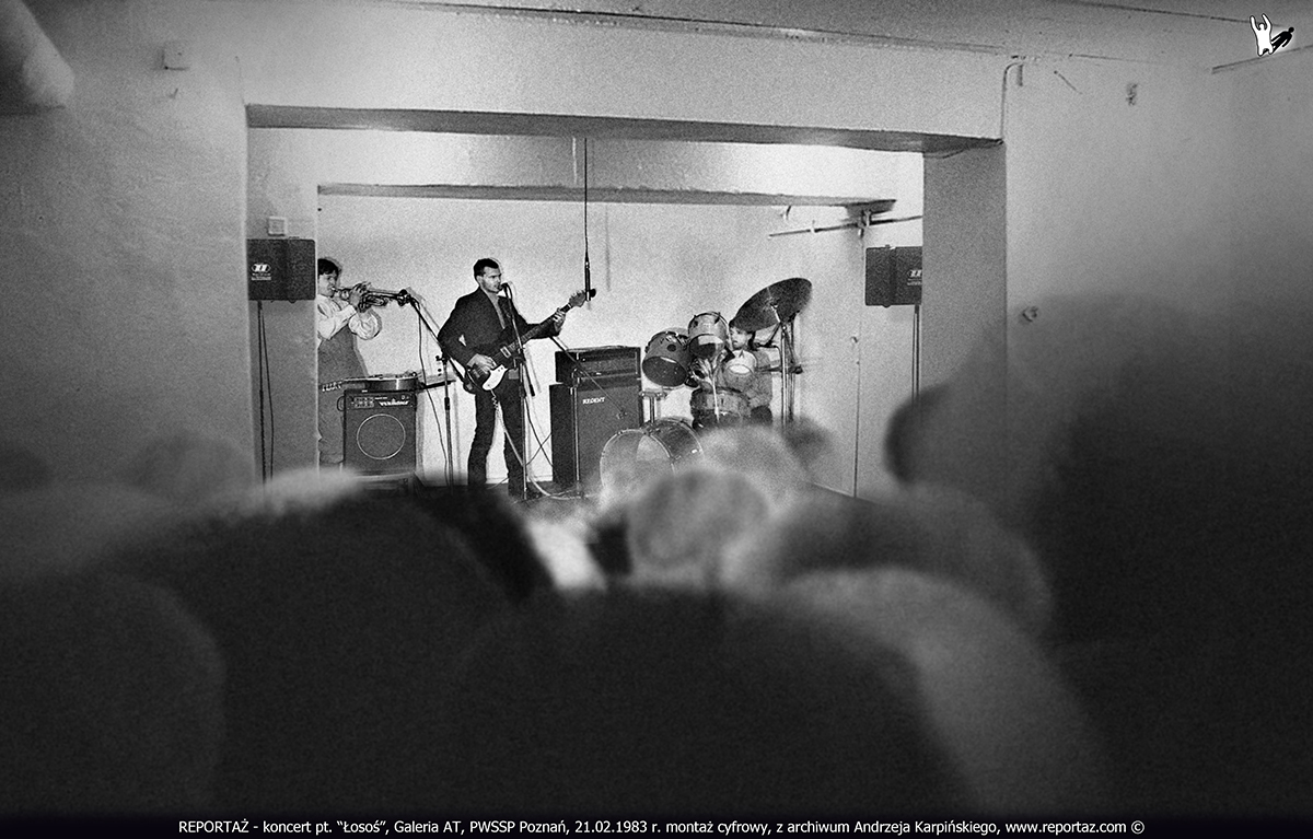 REPORTAŻ - koncert pt. “Łosoś”, Galeria AT, dawniej klub DNO, PWSSP Poznań, 21.02.1983 r. odlewej Jacek Hałas, Piotr Łakomy i Andrzej Karpiński
