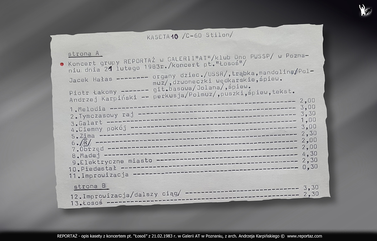 1983-02-21-opis-kasety-z-koncertem-Reportaz-Losos-Galeria-AT-daw zespół REPORTAŻ - opis kasety z koncertem pt. Łosoś w lutym 1983 roku, w PWSSP i Galerii AT w Poznaniu