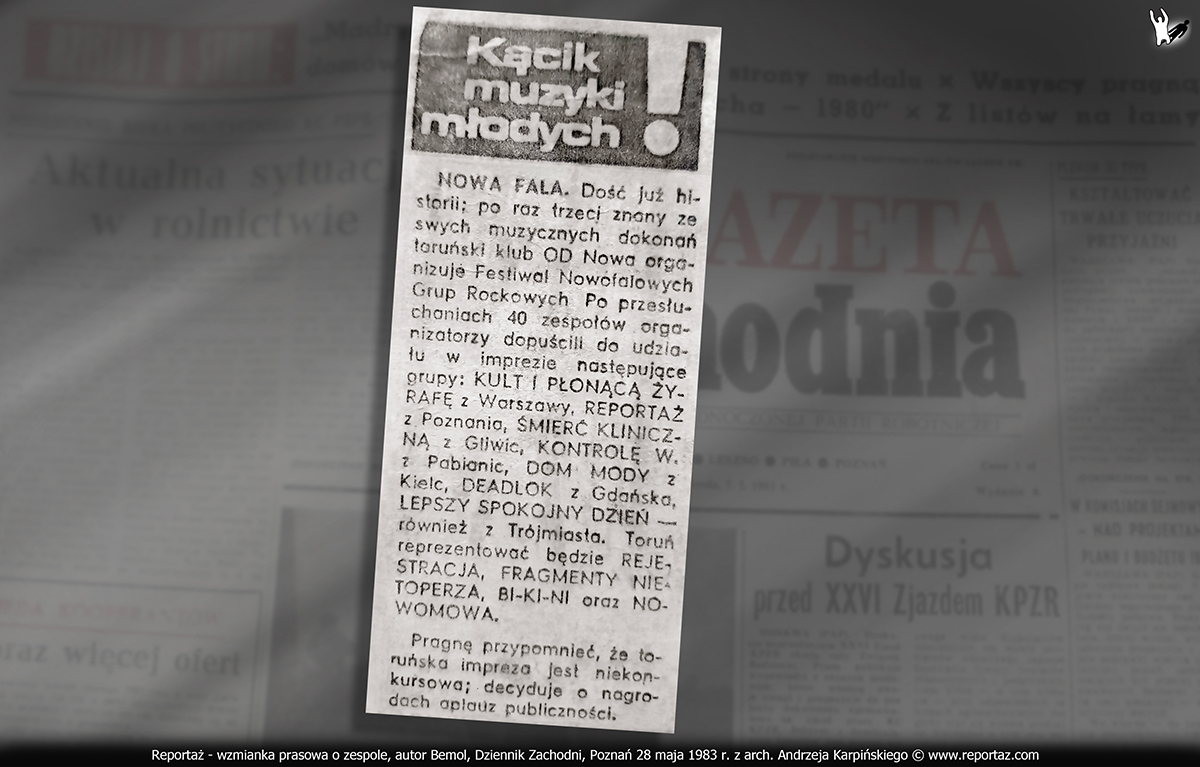 Reportaż - wzmianka prasowa o zespole, autor Bemol, Dziennik Zachodni, Poznań 28 maja 1983 r.