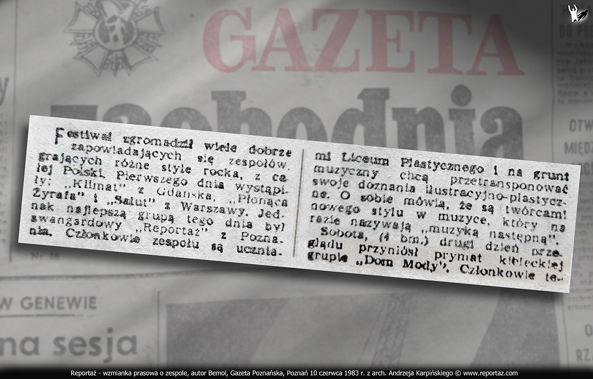 Reportaż - wzmianka prasowa o zespole, autor Bemol, Gazeta Poznańska 10 czerwca 1983 r.