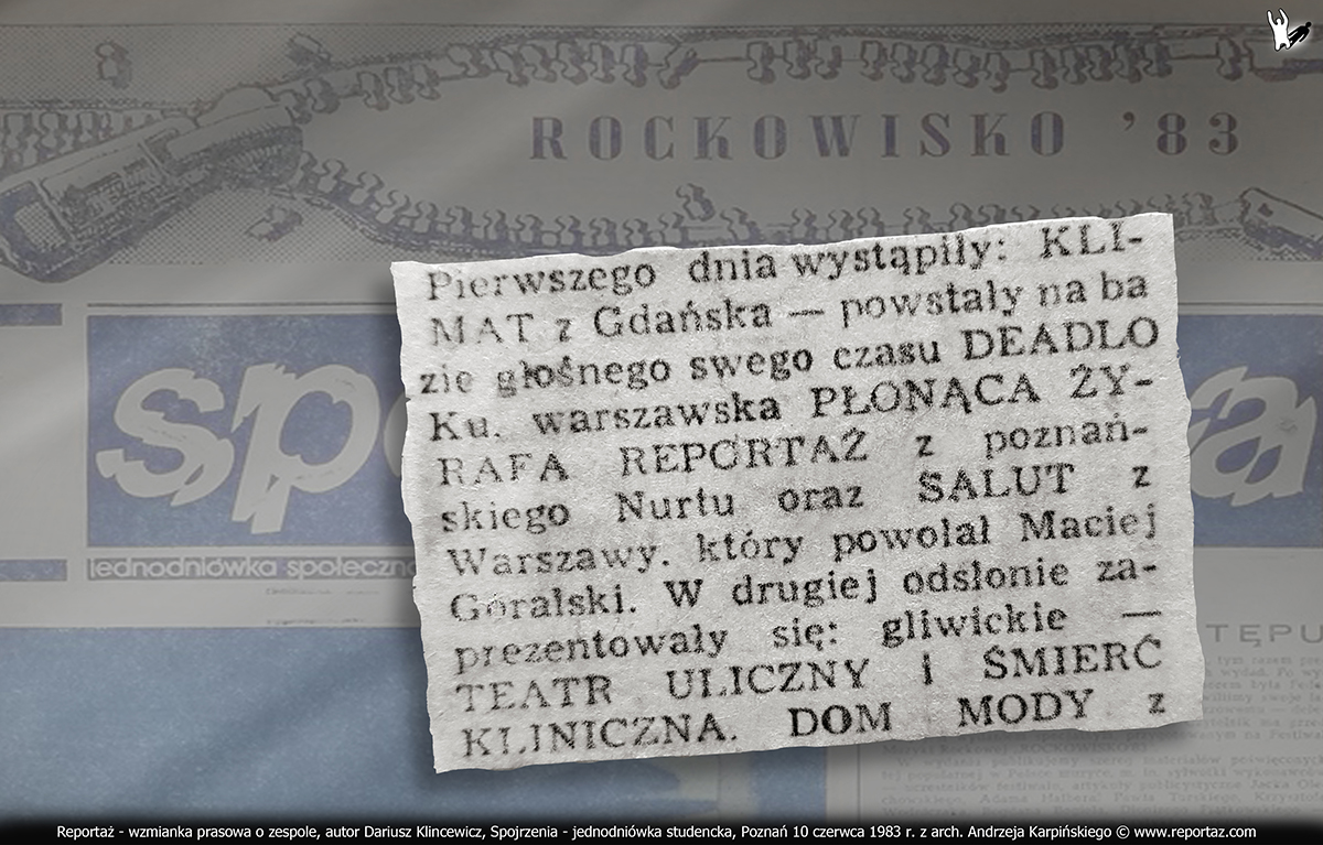 Reportaż - wzmianka prasowa o zespole, autor Dariusz Klincewicz, Spojrzenia - jednodniówka studencka, Poznań 10 czerwca 1983 r.