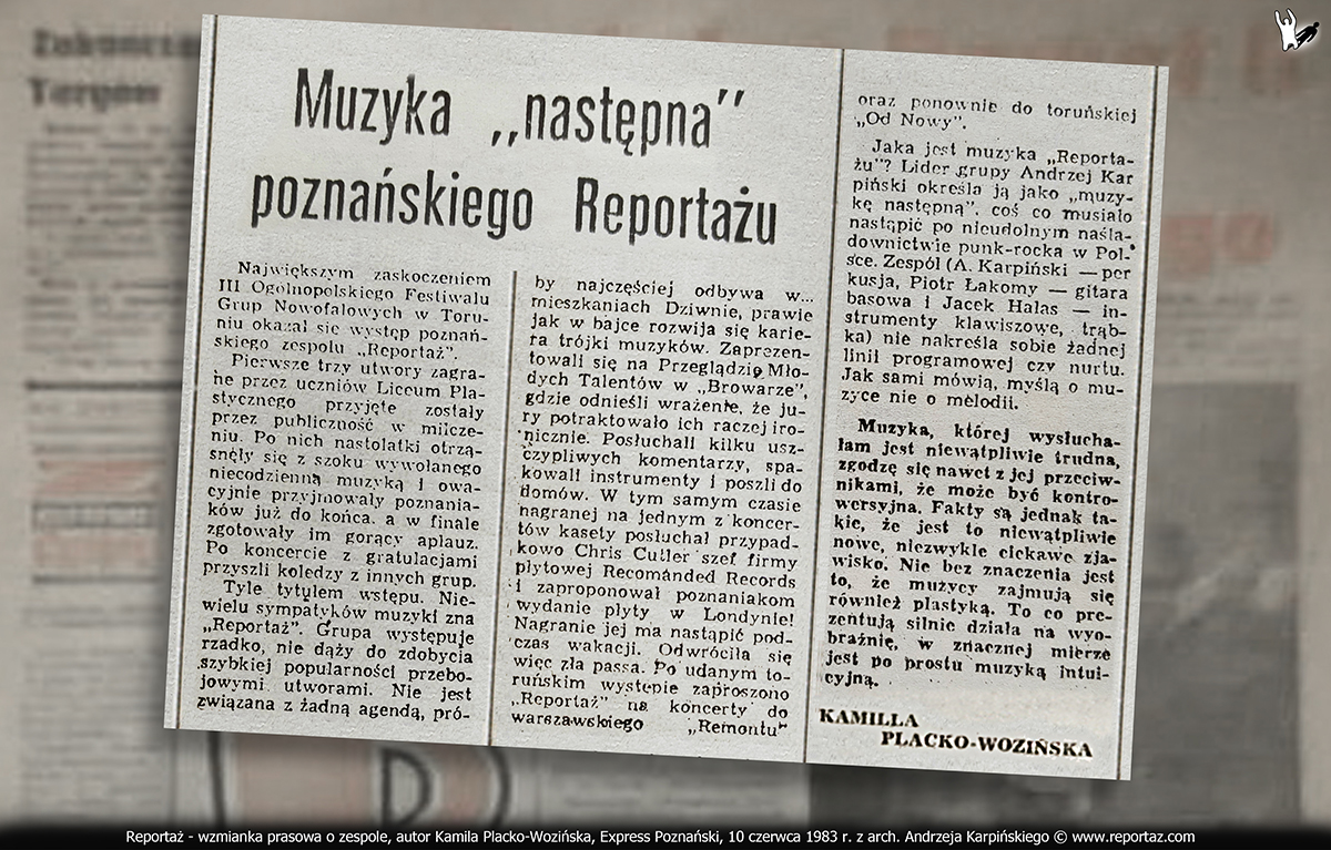 Reportaż - artykuł o zespole, autor Kamila Placko-Wozińska, Dziennik Zachodni, Poznań 10 czerwca 1983 r.