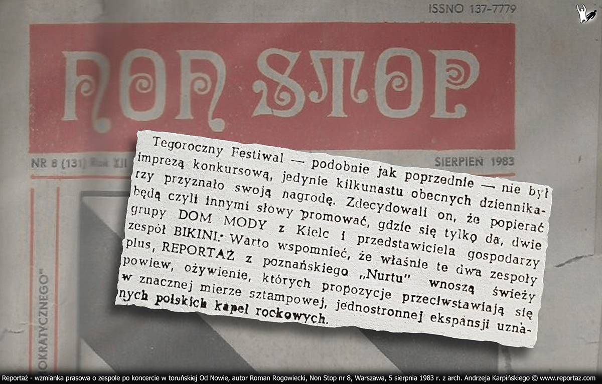 Reportaż - wzmianka prasowa po koncercie w toruńskiej Od Nowie, autor Roman Rogowiecki, Non Stop nr 08, Warszawa, 5 sierpień 1983 r.