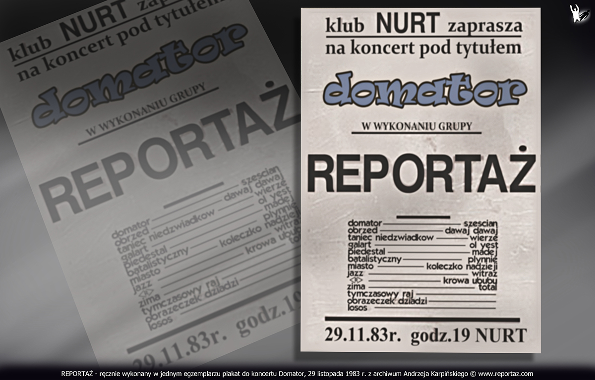 1983.11.29 zespół Reportaż, plakat Domator, projekt graficzny Andrzej Karpiński