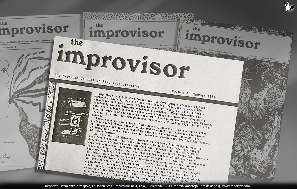 Zespół Reportaż - wzmianka prasowa, LaDonna Smit, Improvisor nr 4, USA kwiecień 1984 r.
