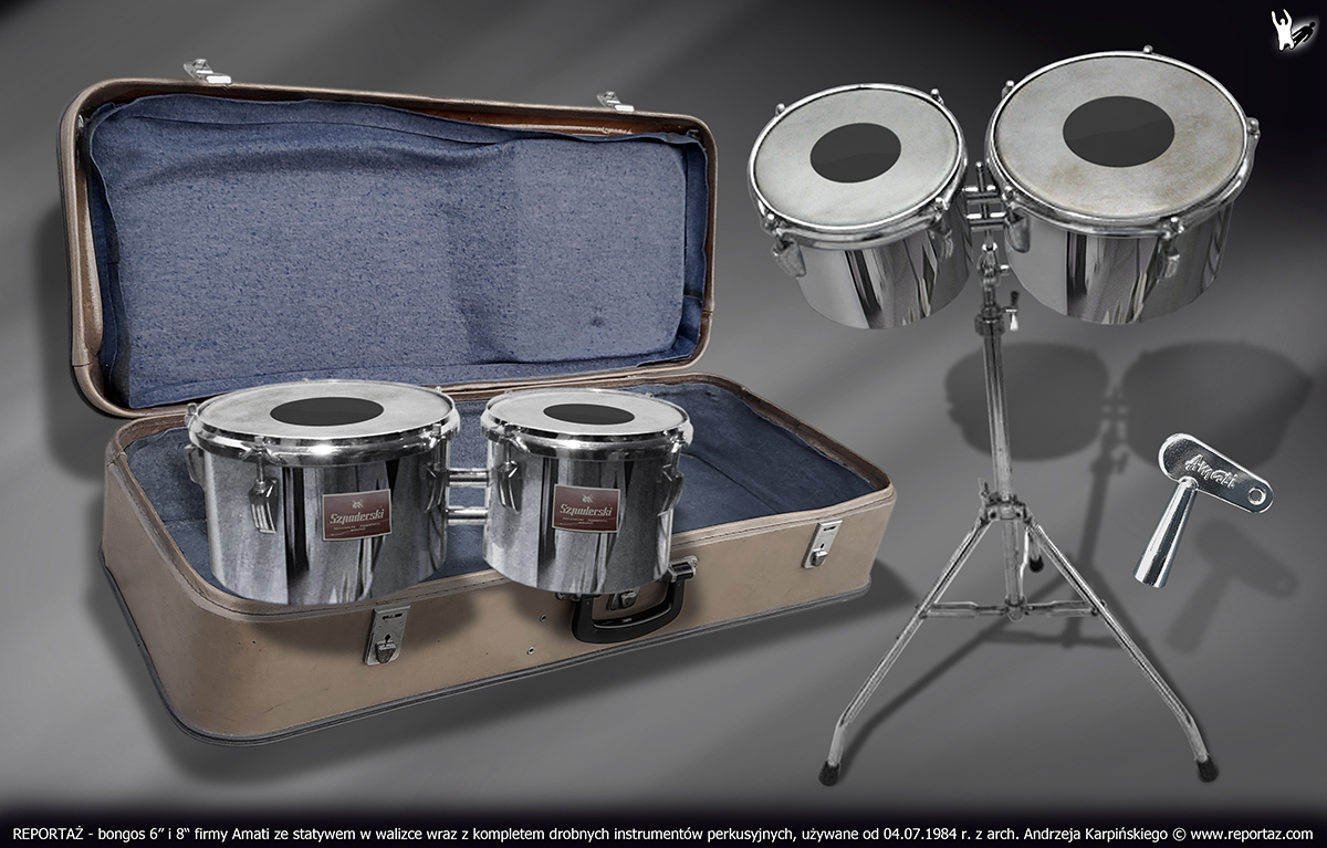 zespół REPORTAŻ - bongos 6” i 8“ firmy Amati ze statywem w walizce wraz z kompletem drobnych instrumentów perkusyjnych, używane od 04.07.1984 r.