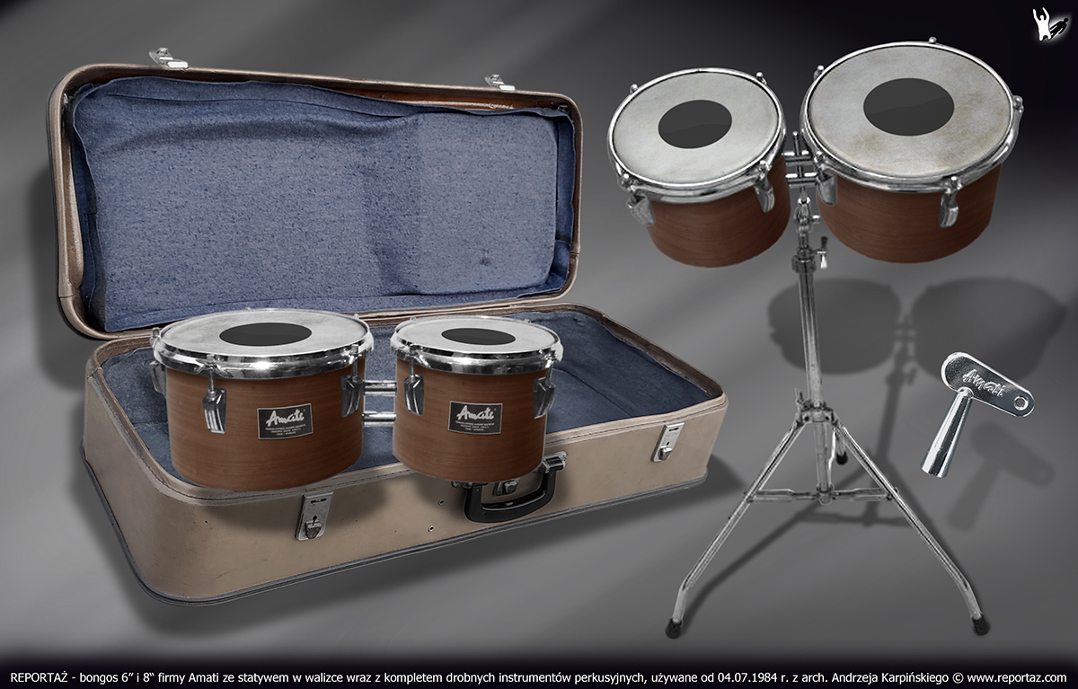 zespół REPORTAŻ - bongos 6” i 8“ firmy Amati ze statywem w walizce wraz z kompletem drobnych instrumentów perkusyjnych, używane od 04.07.1984 r. Okleina drewnopodobna.