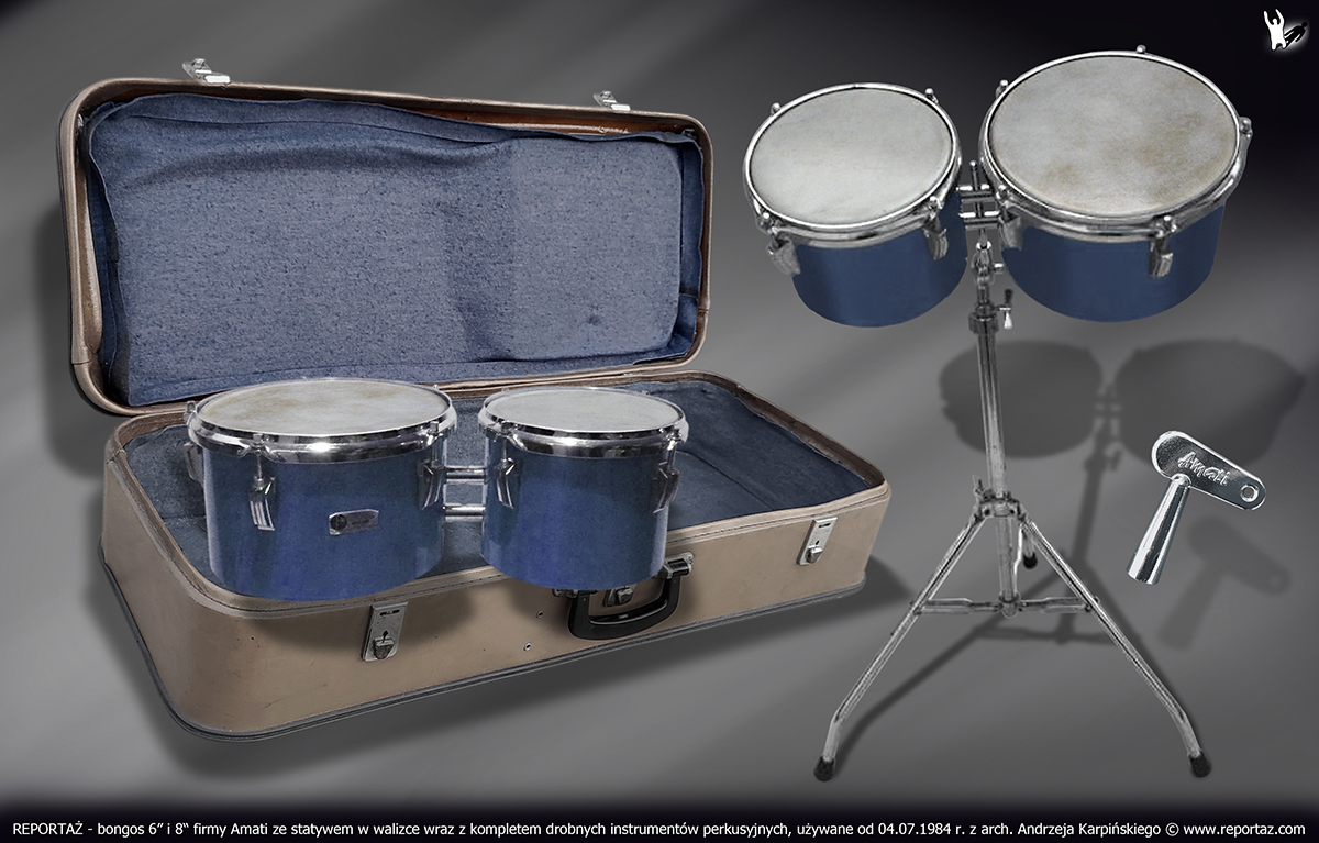 zespół REPORTAŻ - bongos 6” i 8“ firmy Amati z naciągami skórzanymi i ze statywem w walizce wraz z kompletem drobnych instrumentów perkusyjnych, używane od 04.07.1984 r.