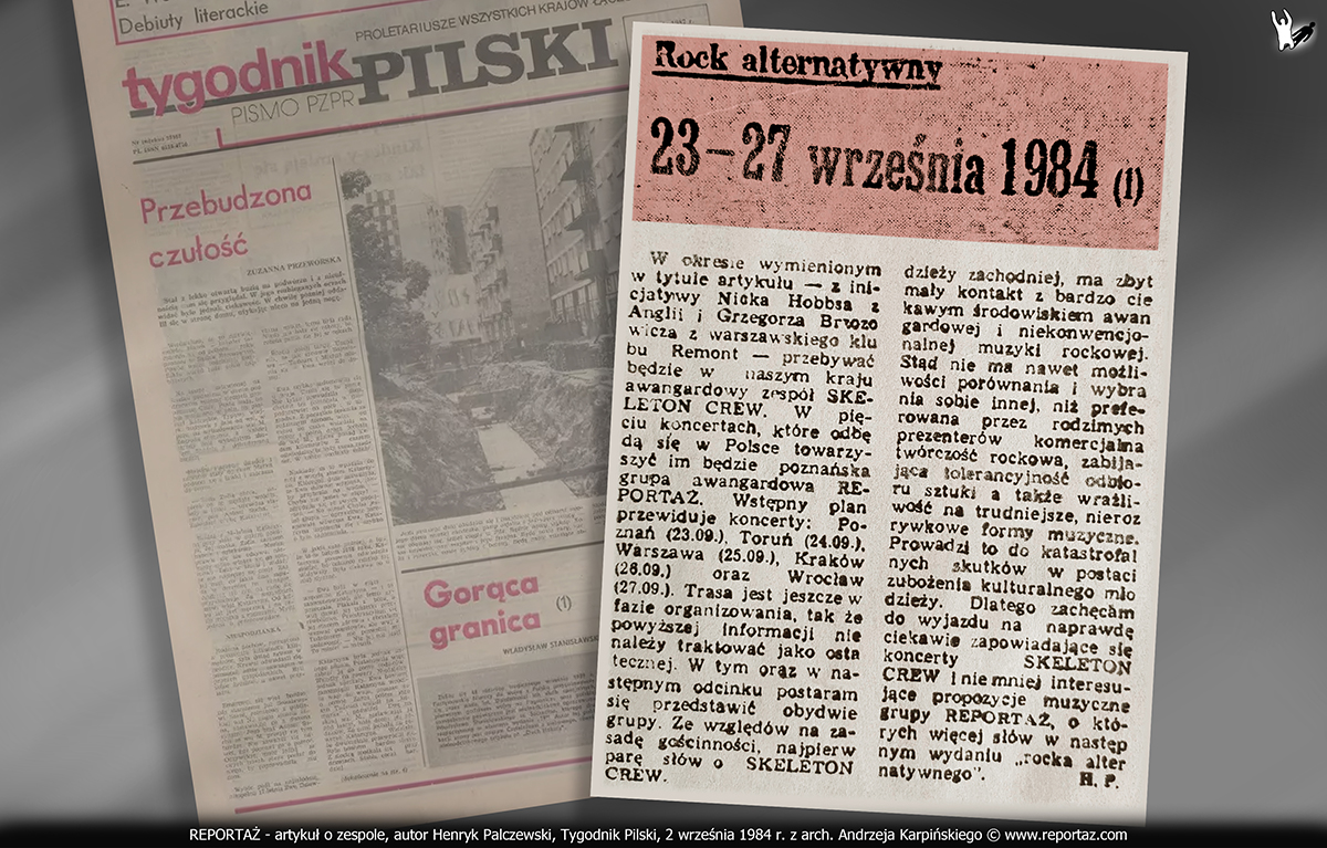 Zespół Reportaż i Skeleton Crew- artykuł, autor Henryk Palczewski, Tygodnik Pilski wrzesień 1984 r.