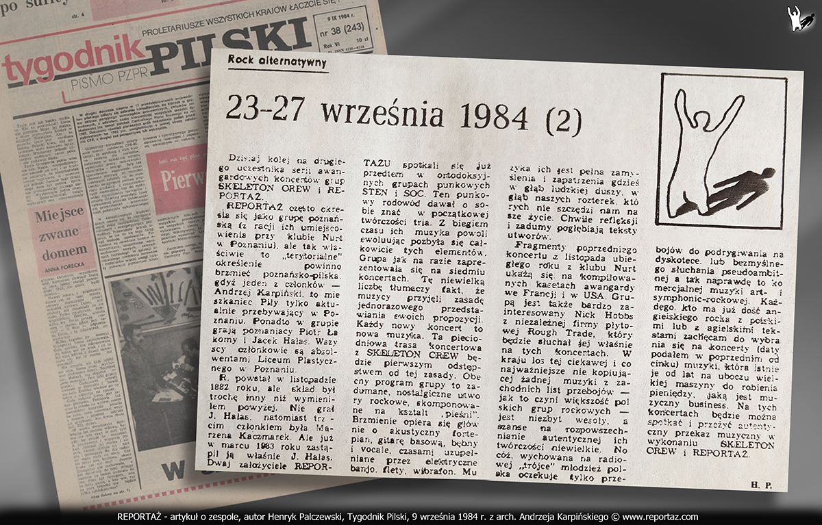 Zespół Reportaż i Skeleton Crew - artykuł, autor Henryk Palczewski, Tygodnik Pilski wrzesień 1984 r.