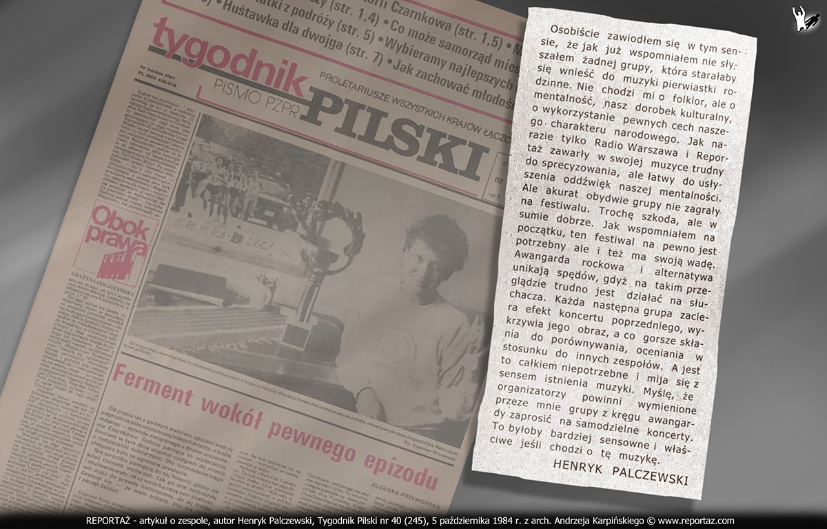 Reportaż - wzmianka prasowa, autor Henryk Palczewski, Tygodnik Pilski październik 1984 r.