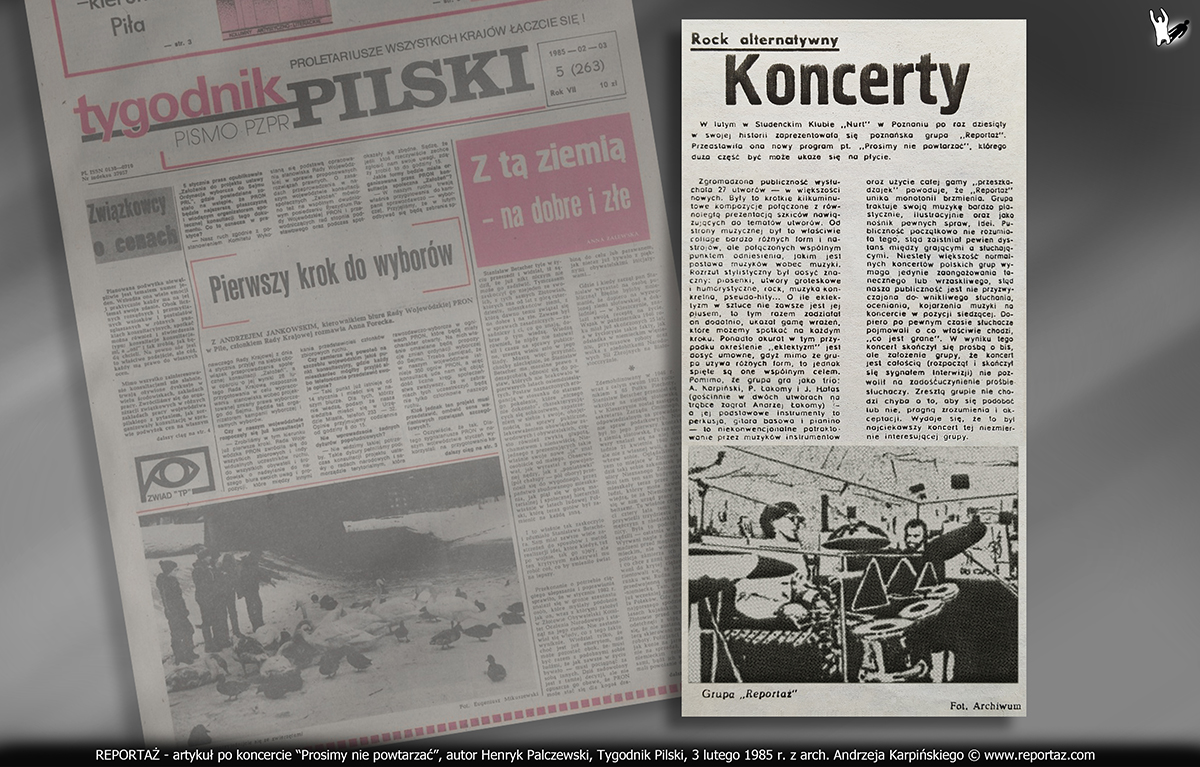Reportaż - artykuł po koncercie Prosimy nie powtarzać, autor Henryk Palczewski, Tygodnik Pilski luty 1985 r.