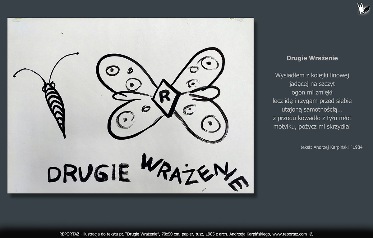 zespół Reportaż 1985, ilustracje, grafiki koncertowe do tekstów Prosimy nie Powtarzać! Format 70x50 cm, papier, tusz,