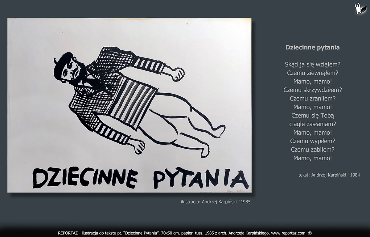 zespół Reportaż 1985, ilustracje, grafiki koncertowe do tekstów Prosimy nie Powtarzać! Format 70x50 cm, papier, tusz,