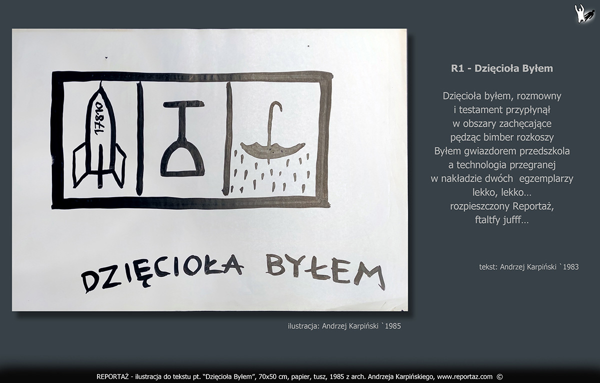 zespół Reportaż 1985, ilustracje, grafiki koncertowe do tekstów Prosimy nie Powtarzać! Format 70x50 cm, papier, tusz,