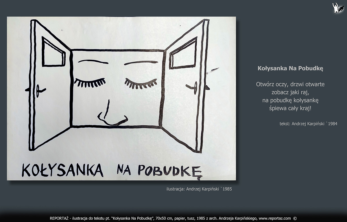 zespół Reportaż 1985, ilustracje, grafiki koncertowe do tekstów Prosimy nie Powtarzać! Format 70x50 cm, papier, tusz,