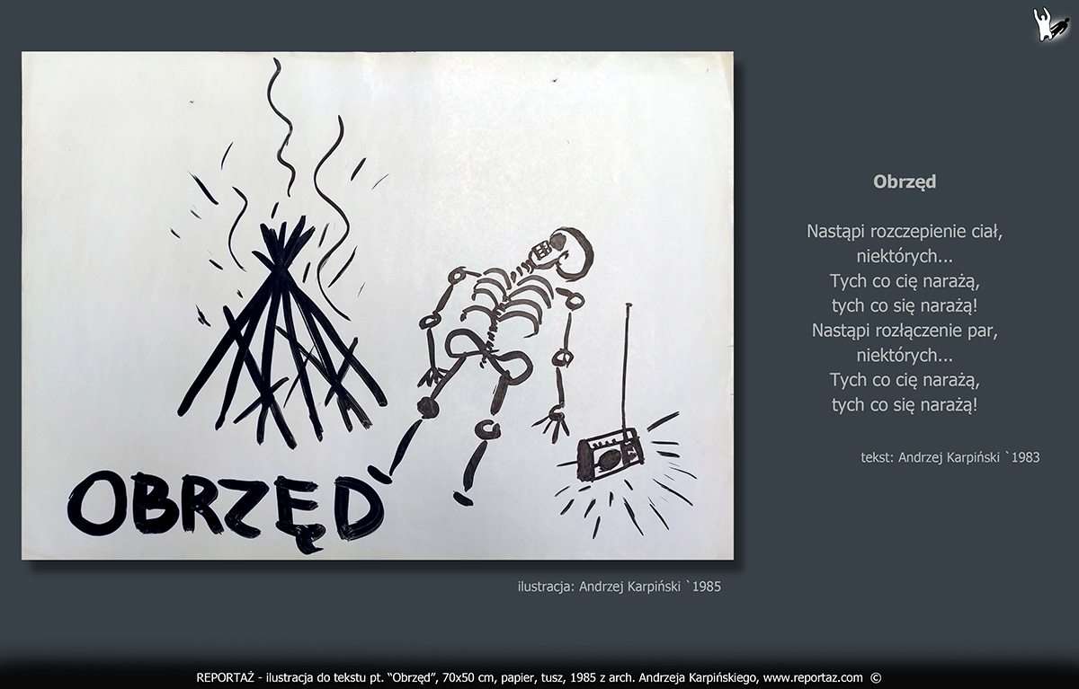 zespół Reportaż 1985, ilustracje, grafiki koncertowe do tekstów Prosimy nie Powtarzać! Format 70x50 cm, papier, tusz,