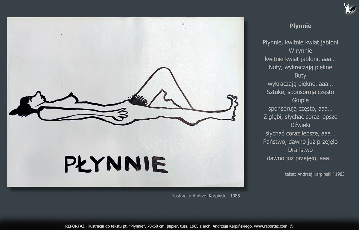 zespół Reportaż 1985, ilustracje, grafiki koncertowe do tekstów Prosimy nie Powtarzać! Format 70x50 cm, papier, tusz,