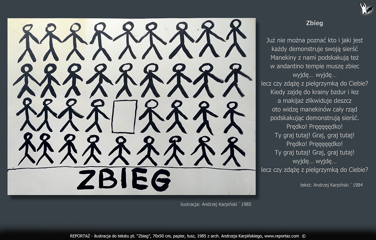 zespół Reportaż 1985, ilustracje, grafiki koncertowe do tekstów Prosimy nie Powtarzać! Format 70x50 cm, papier, tusz,