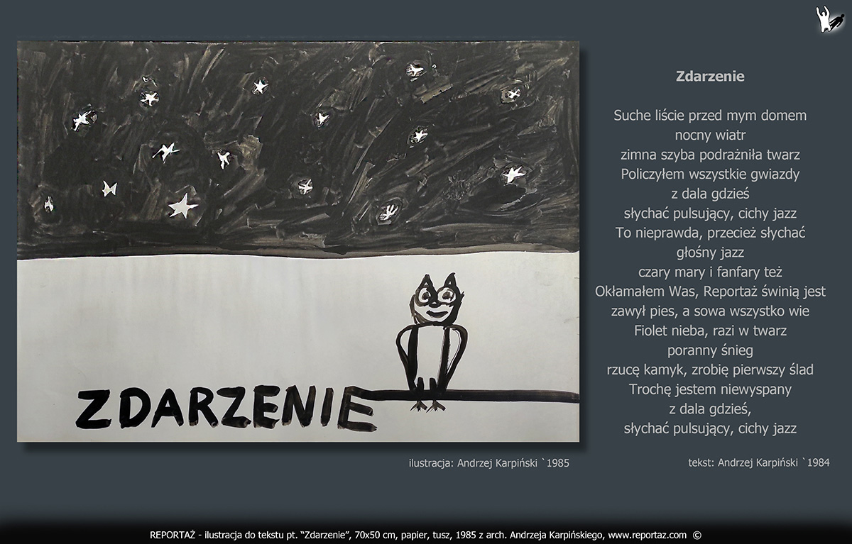 zespół Reportaż 1985, ilustracje, grafiki koncertowe do tekstów Prosimy nie Powtarzać! Format 70x50 cm, papier, tusz,