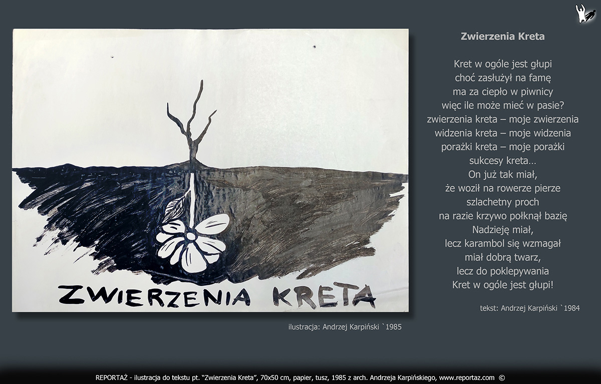 zespół Reportaż 1985, ilustracje, grafiki koncertowe do tekstów Prosimy nie Powtarzać! Format 70x50 cm, papier, tusz,