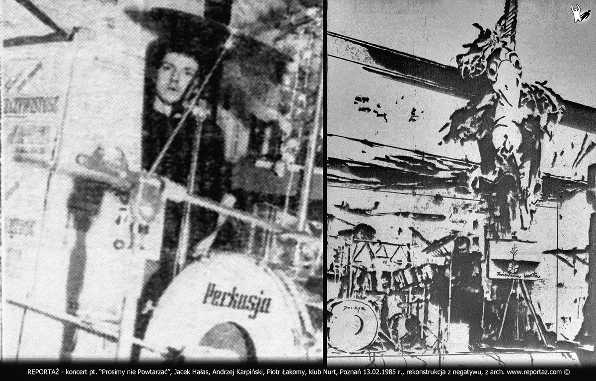 Koncert grupy, zespołu Reportaż pt. "Prosimy nie powtarzać" scenografia w klubie Nurt w Poznaniu przy ul. Dożynkowej 9 dnia 29 października 1986 roku. Wykonawcy: Andrzej Karpiński, Piotr Łakomy, Jacek Hałas