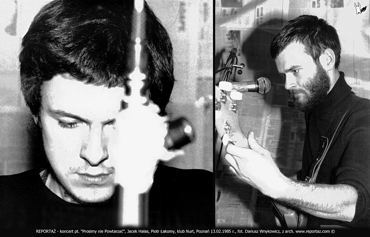 Koncert grupy, zespołu Reportaż pt. "Prosimy nie powtarzać" w klubie Nurt w Poznaniu przy ul. Dożynkowej 9 dnia 29 października 1986 roku. Na zdjęciu: Piotr Łakomy, Jacek Hałas