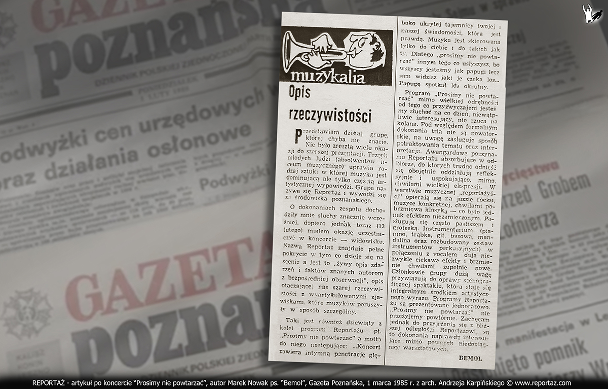 Reportaż - artykuł, autor Marek Nowak ps. Bemol, Gazeta Poznańska marzec 1985 r.