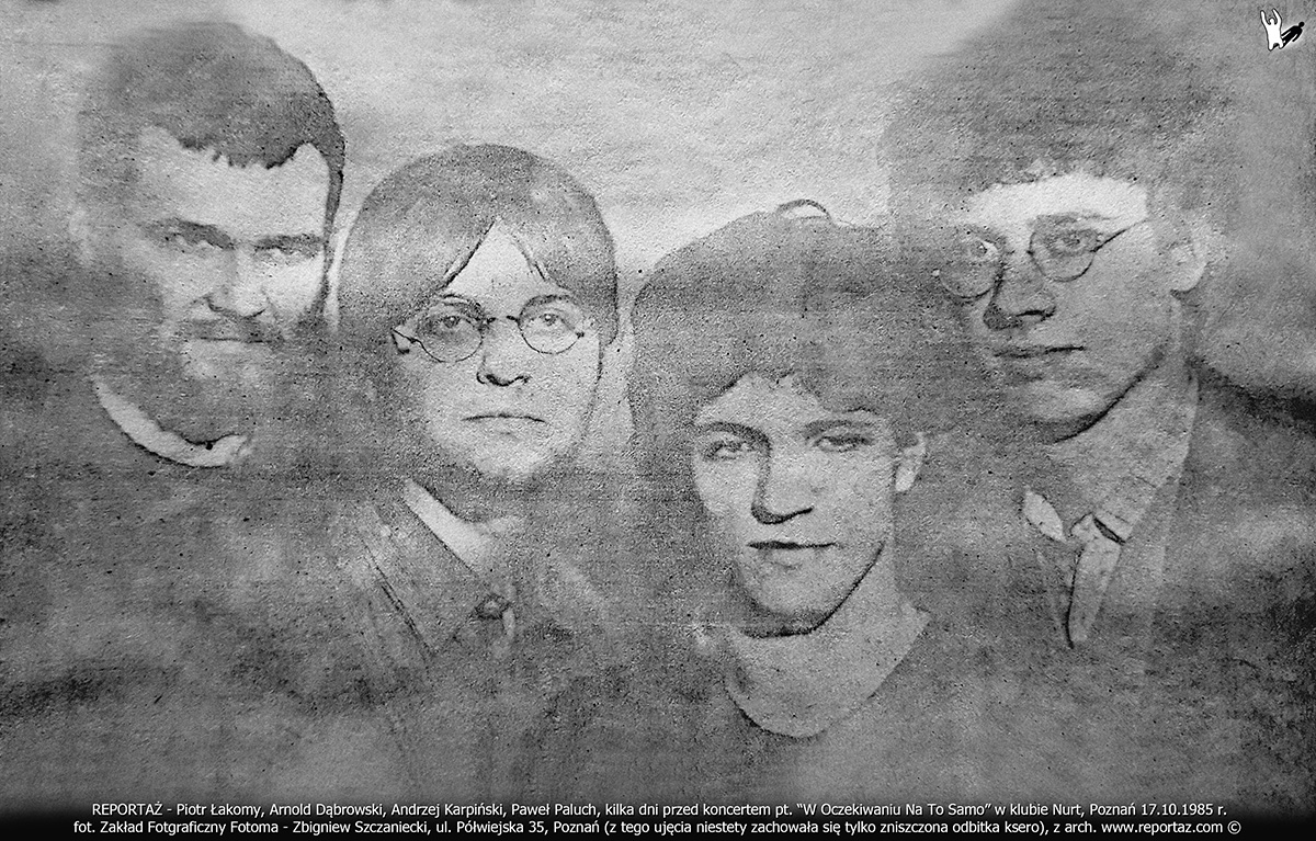 REPORTAŻ - Piotr Łakomy, Arnold Dąbrowski, Andrzej Karpiński, Paweł Paluch, kilka dni przed koncertem pt. W Oczekiwaniu Na To Samo, klub Nurt, Poznań 17.10.1985 r. fot. Zakład Fotograficzny Fotoma - Zbigniew Szczaniecki, ul. Półwiejska 35, Poznań