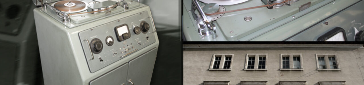 zespół REPORTAŻ - nagrania studyjne, budynek mieszczący klub Nurt, kino Kosmos i Akademickie Radio Winogrady, Poznań 01.01.1986 r. Reżyserka i widoczne dwa, monofoniczne magnetofony BTR-2 EMI (prod. 1952) oraz konsoleta polskiej firmy Fonia SMK-153 (prod. 1976),