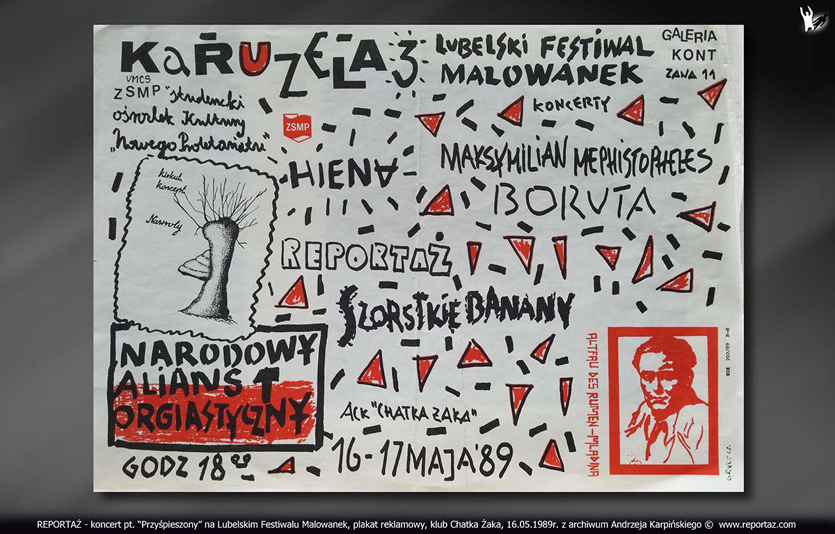 REPORTAŻ - koncert pt. “Przyśpieszony” na Lubelskim Festiwalu Malowanek, plakat reklamowy, klub Chatka Żaka, 16.05.1989r.