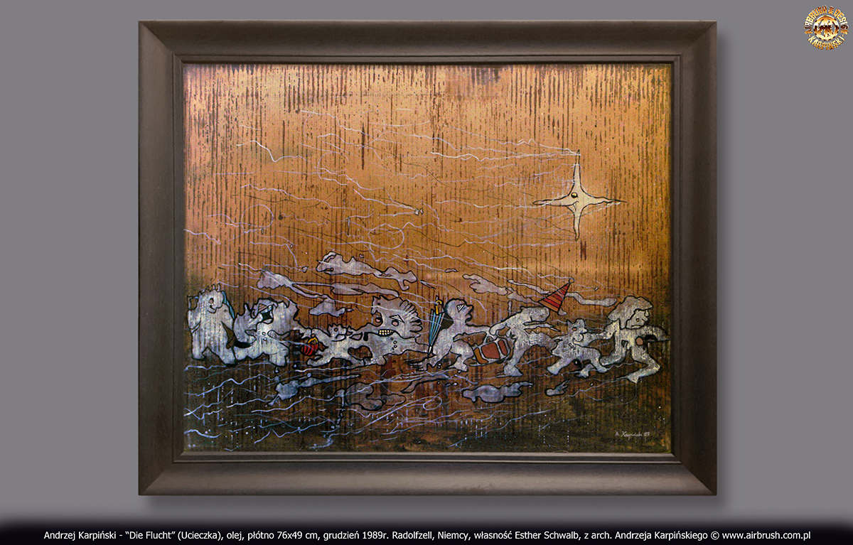 malarstwo, Andrzej Karpiński - “Die Flucht”, olej, płótno 76x49 cm, 1989 r.