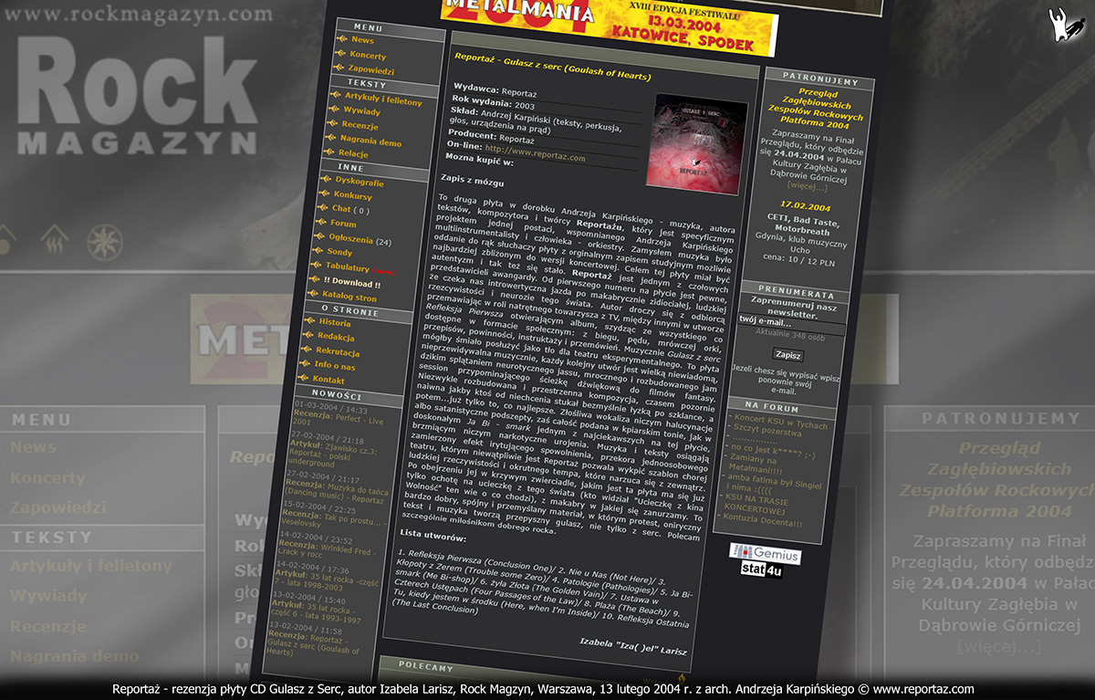 recenzja płyty Reportaż CD Gulasz z Serc, Goulash of Hearts w Rock Magazyn, Izabela Larisz luty 2004