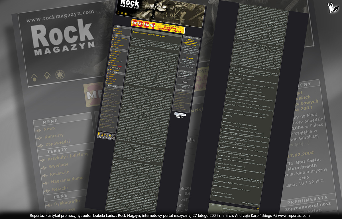 artykuł o zespole i grupie Reportaż Andrzeja Karpińskiego w Rock Magazyn, Izabela Larisz luty 2004