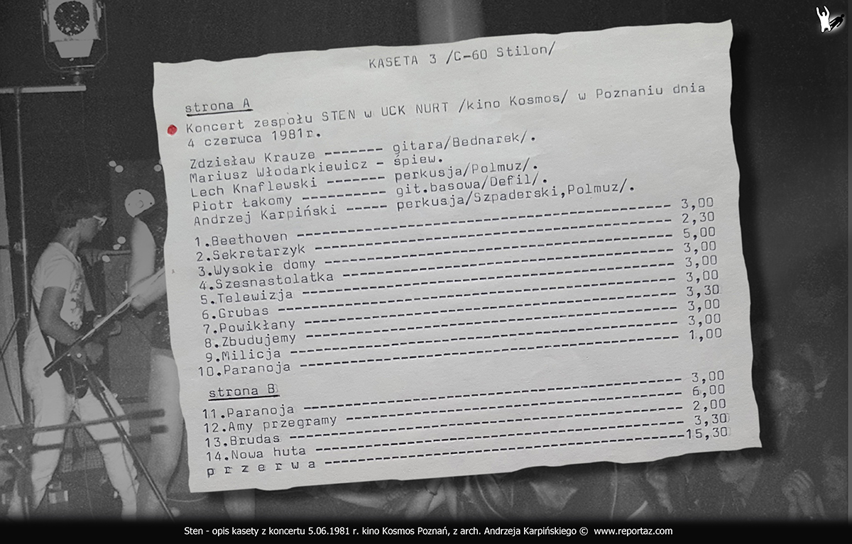 Opis kasety archiwalnej koncertu grupy, zespołu Sten w kinie Kosmos 5 czerwca 1981 roku. Wykonawcy: Andrzej Karpiński, Piotr Łakomy, Mariusz Włodarkiewicz, Zdzisław Krause, Leszek Knaflewski